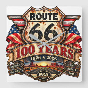 Route 66 100 Years 1926–2026 Vintage Americana Wal Square Wall Clock