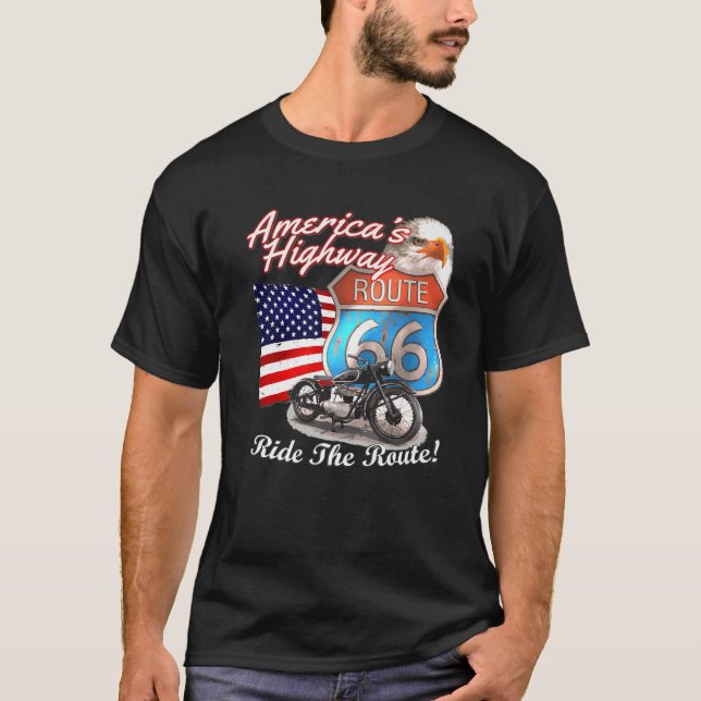 Route 66 America's Highway Road Trip USA Motorcycl T-Shirt (Front)