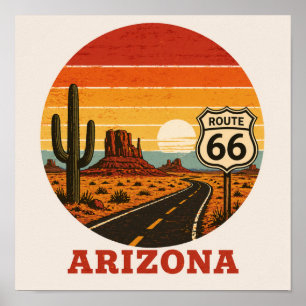 Route 66 Arizona Desert Cactus Sunset Poster