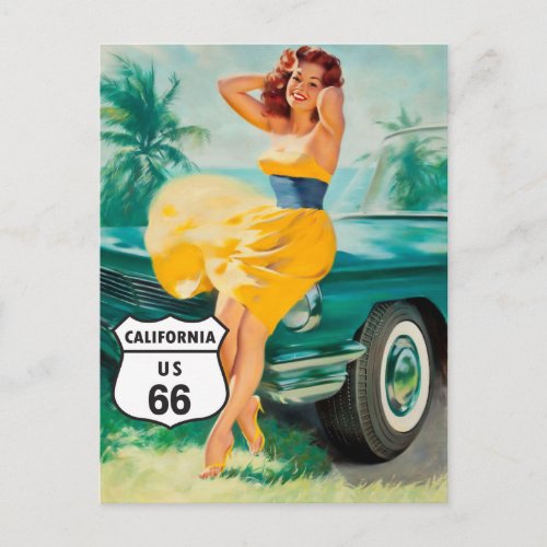 Route 66 California Vintage pin up girl postcard