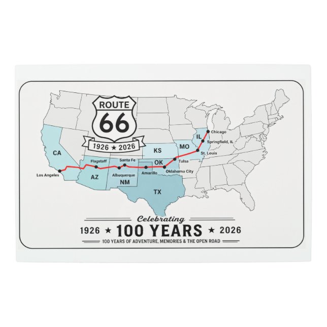 Route 66 Centennial 100 Years Map Metal Print (Front)