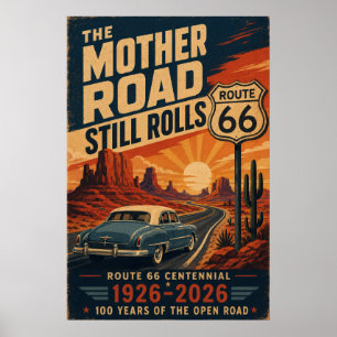Route 66 Centennial Blue Classic Car Desert Road Poster