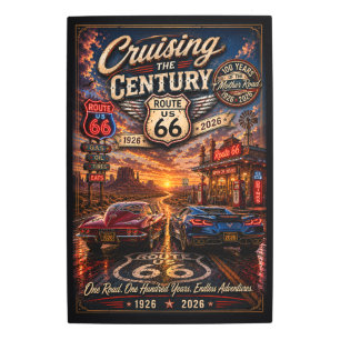 Route 66 Centennial Classic Cars Neon Road Metal Print