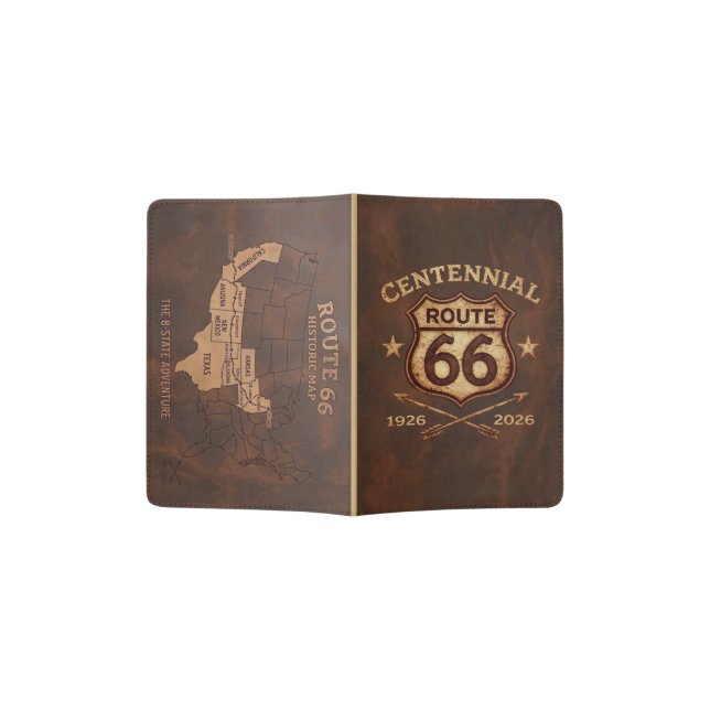 Route 66 Centennial Map & Shield Leather Style Passport Holder (Opened)