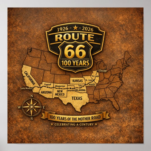 Route 66 Centennial Vintage Map Design Poster (Front)