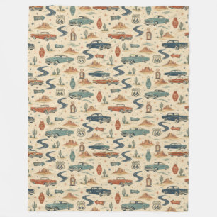 route 66 Classic Cars Desert Road Trip Pattern Fleece Blanket
