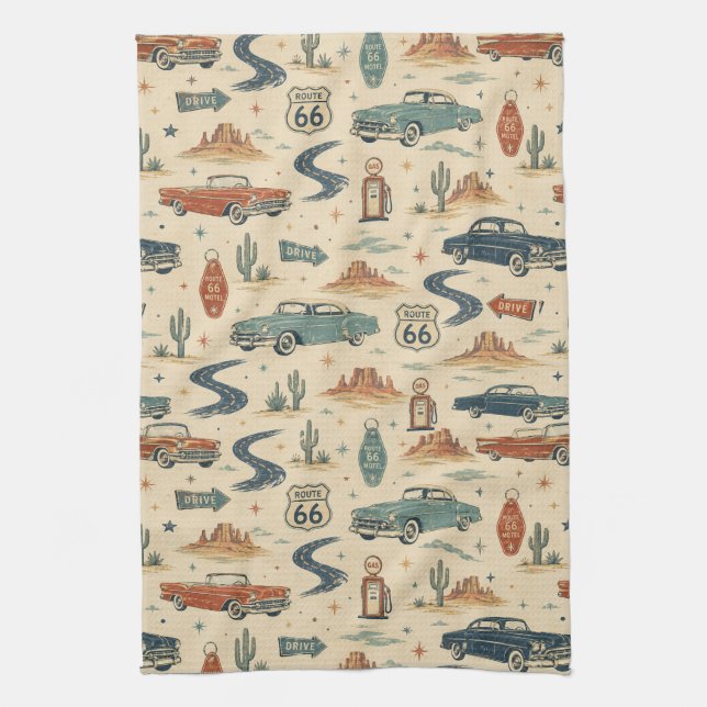 route 66 Classic Cars Roadside Kitchen Accent Towel (Vertical)
