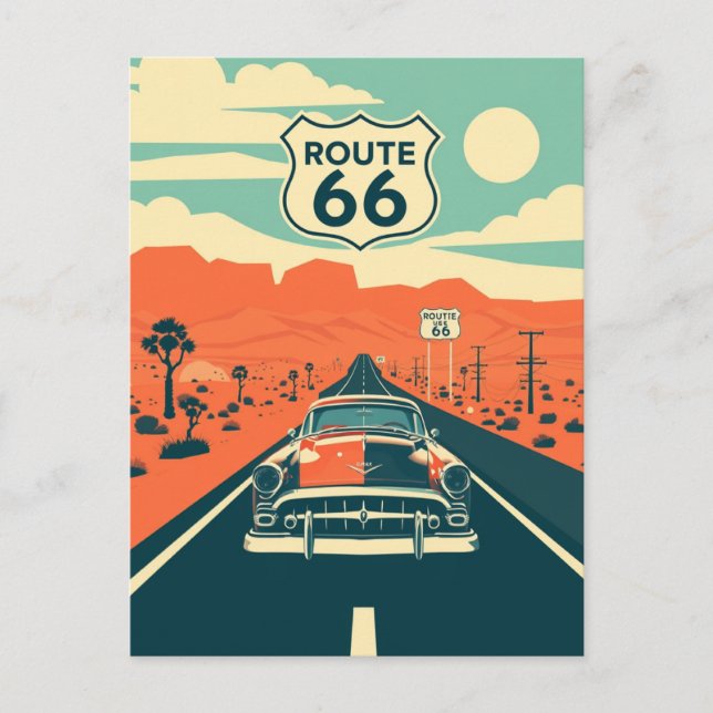 Route 66 Contrast Design with Classic Car Postcard (Front)