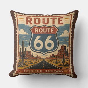 Route 66 Endless Highway Vintage Postage Bedding Throw Pillow