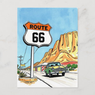 Route 66 Hand-Drawn Road Trip Vintage Travel Postcard