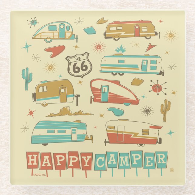 Route 66 Happy Camper Glass Coaster (Front)