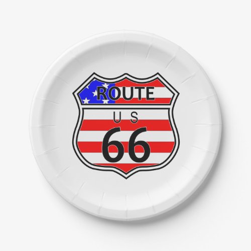 Route 66 Highway Sign With Flag Paper Plates