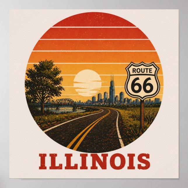 Route 66 Illinois Chicago Sunset Skyline Poster (Front)