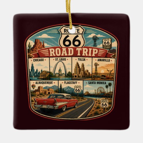 Route 66 Landmarks Illustration Travel Art Badge Ceramic Ornament
