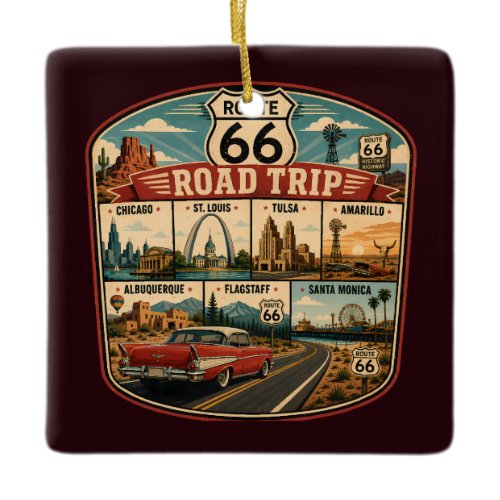 Route 66 Landmarks Illustration Travel Art Badge Ceramic Ornament