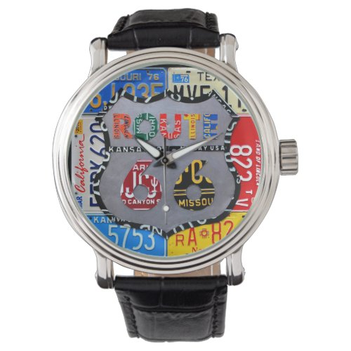 Route 66 License Plate Art Black Wrist Watch