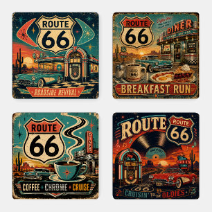 Route 66 Mid-Century Diner Jukebox Retro Coaster Set