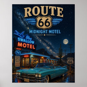 Route 66 Midnight Motel Blue Swallow Vintage Retro Poster