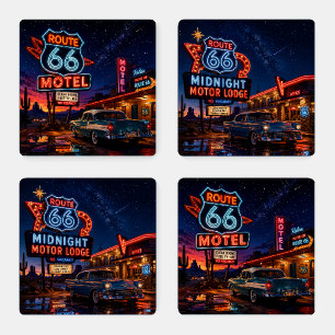 Route 66 Midnight Motel Neon Glow Coaster Set