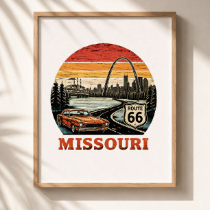 Route 66 Missouri Gateway Arch Retro Stripe Sunset Poster