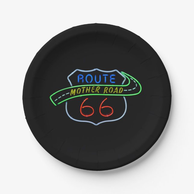 Route 66 Mother Road Neon Sign Paper Plates (Front)