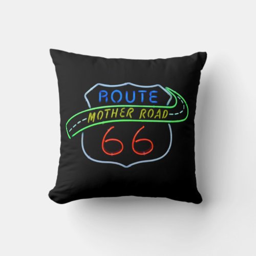 Route 66 Mother Road Neon Sign Throw Pillow