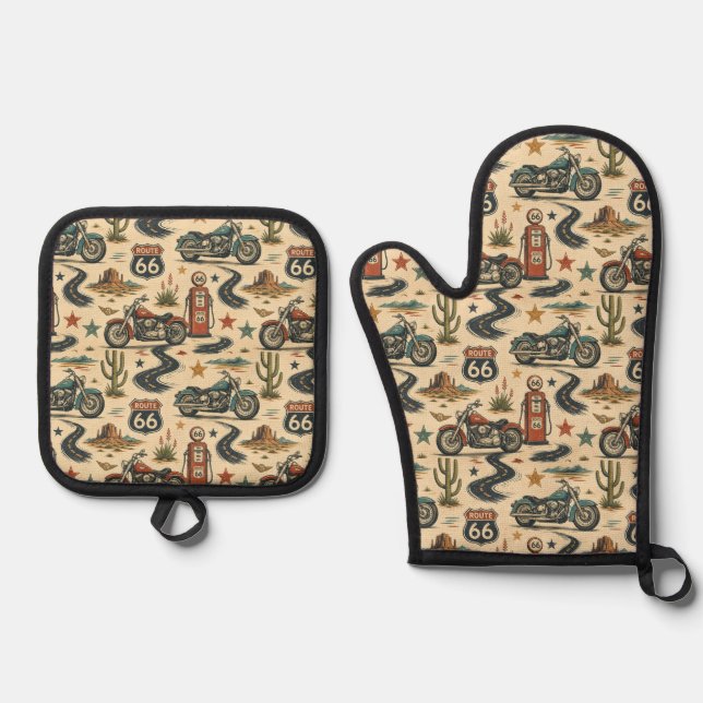 Route 66 Motorcycle Kitchen Heat Gear Oven Mitt & Pot Holder Set (Front)