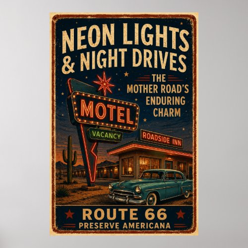 route 66 Neon Motel Night Drive Americana Decor