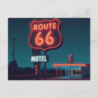 Route 66 Neon Motel Night Travel Art Postcard