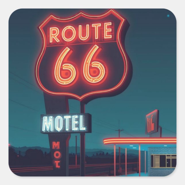Route 66 Neon Motel Night Travel Art Square Sticker (Front)