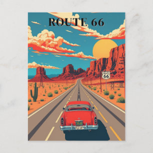 Route 66 Red Car Desert Drive Vintage Postcard