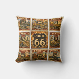 route 66 Roadside Americana Stamp Collage Decor Throw Pillow