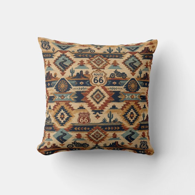 route 66 Southwest Motorcycle Desert Pattern Throw Pillow (Front)