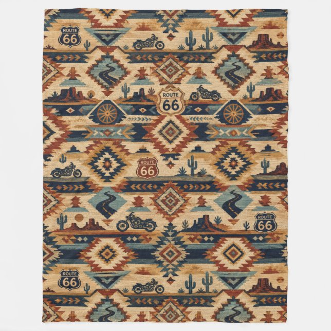 route 66 Southwest Motorcycle Desert Road Pattern Fleece Blanket (Front)