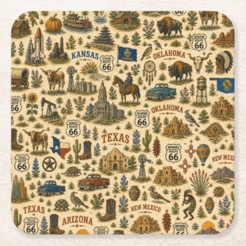 Route 66 States Roadtrip Sips Square Paper Coaster