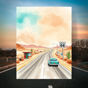 Route 66 Sunset Watercolor Postcard