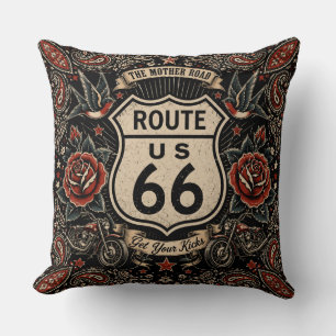 Route 66 Tattoo Americana Road Culture Throw Pillow
