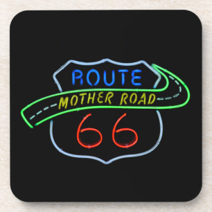 Route 66, The Mother Road, Neon Sign Drink Coaster