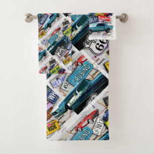 Route 66, Vintage cars, Road Trips Bath Towel Set