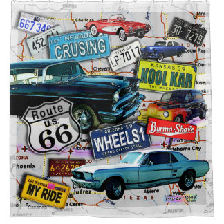 Route 66, Vintage cars, Road Trips Shower Curtain