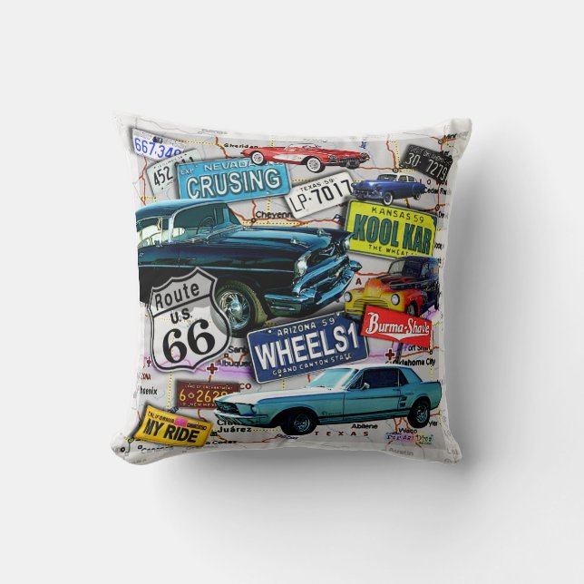 Route 66, Vintage cars, Road Trips Throw Pillow (Front)