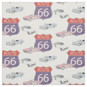 Route 66 Vintage Road Signs Classic Chevy Cars Fabric