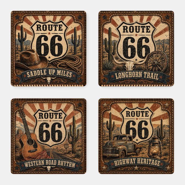 Route 66 Western Heritage Leather Style Coaster Set (Set)