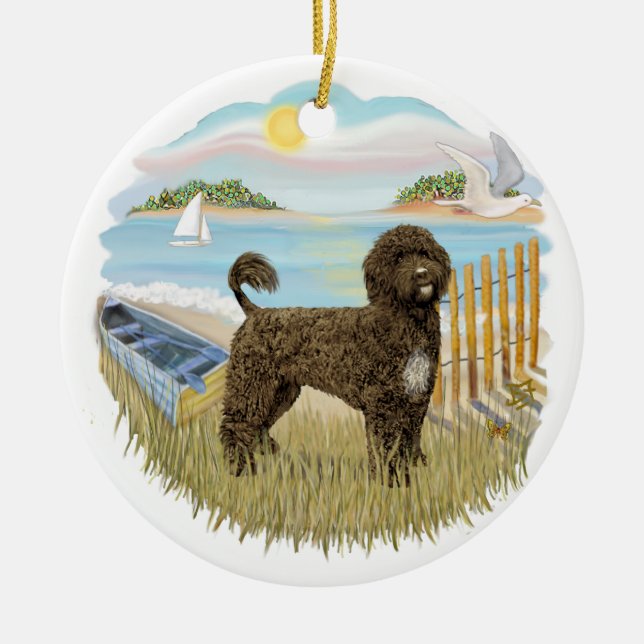 Row Boat - Portuguese Water Dog (brown) Ceramic Ornament (Front)