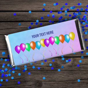 Row Bright Balloons With Ribbons on Blue Pink Hershey Bar Favors