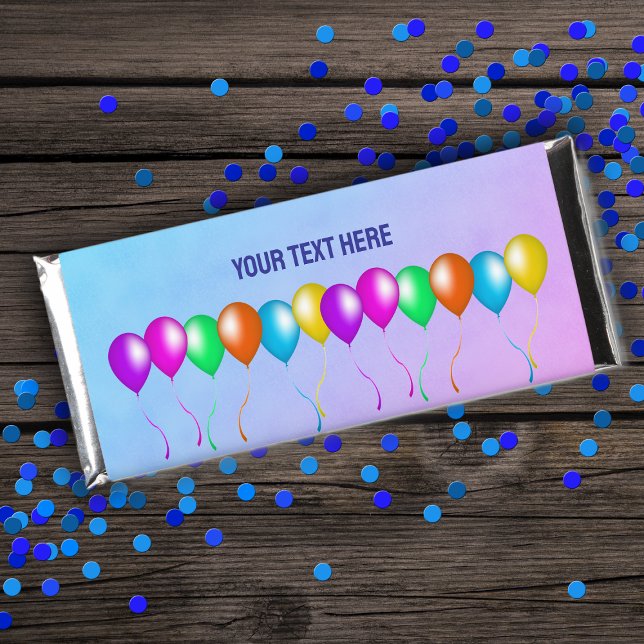 Row Bright Balloons With Ribbons on Blue Pink Hershey Bar Favors (Row of bright colourful balloons with matching ribbons blue pink Hershey candy bar party favors.)