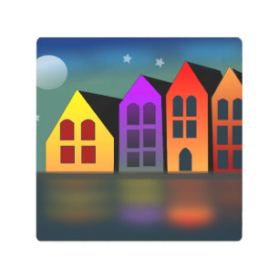ROW HOUSES COLORFUL METAL ART SIGN 8X8