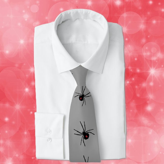 Row of Black Widow Spiders Red Marking Gray Neck Tie (Line of black creepy crawley poisonous black widow spiders on dark grey neck tie.)
