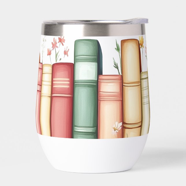 Row of Books, Flowers, Butterflies Thermal Wine Tumbler (Left)