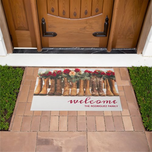 Row of Boots with Flowers Doormat